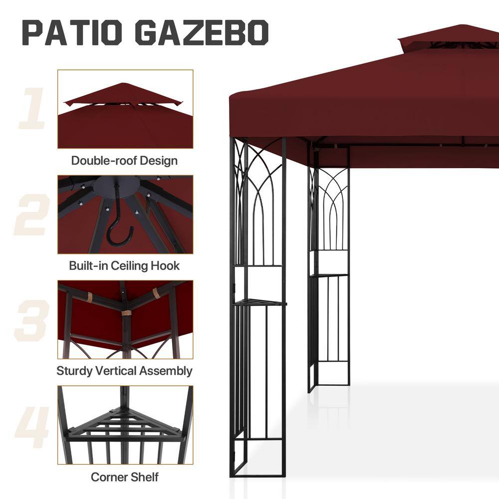 8x8 Red Metal Patio Gazebo with Corner Shelves