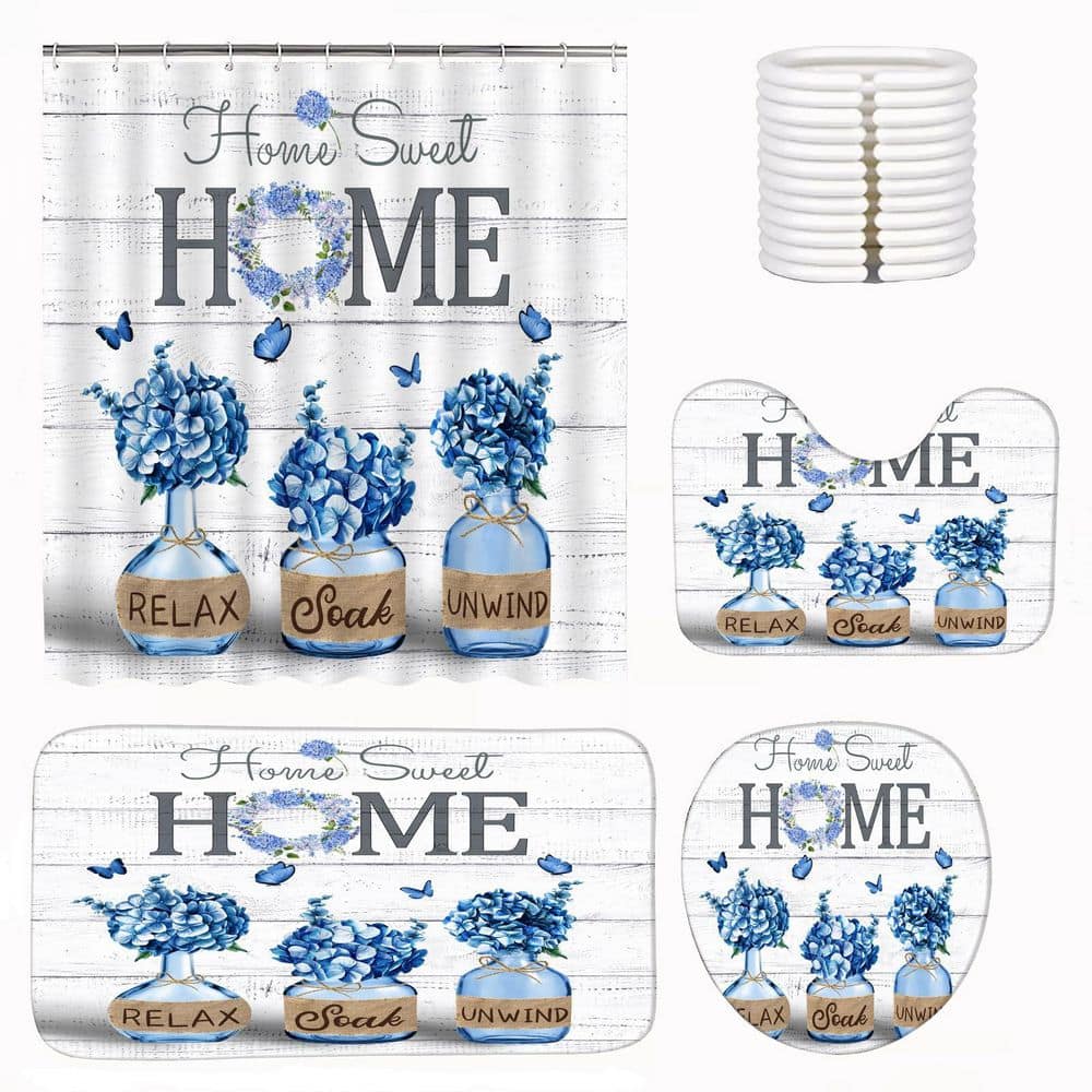 72 in. W x 72 in. L Polyester Shower Curtain Set in Blue Hydrangea Farmhouse Country Style Bathroom Decor 4 pcs price history on PriceWatchPro