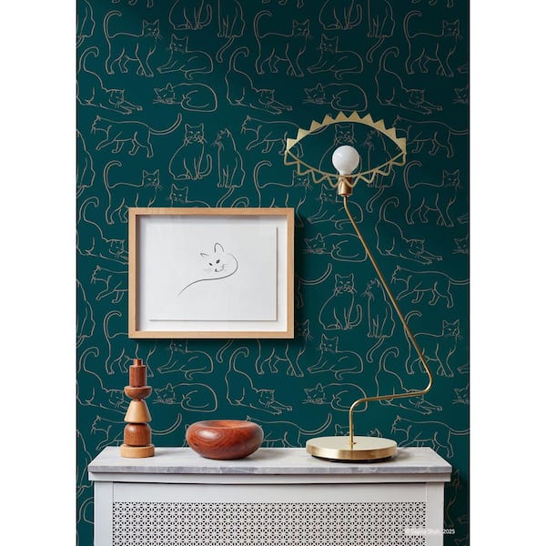 Cat Poses Emerald Green Peel and Stick Wallpaper