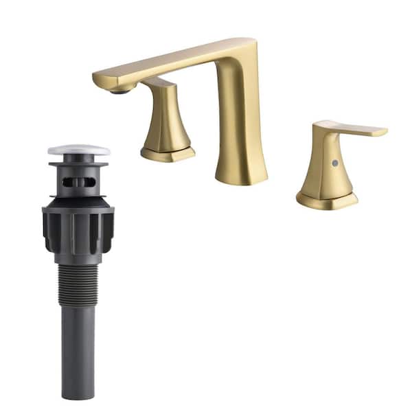 Tomfaucet 8 in. Widespread Deck Mount 2-Handle Bathroom Faucet with Drain Kit in Brushed Gold