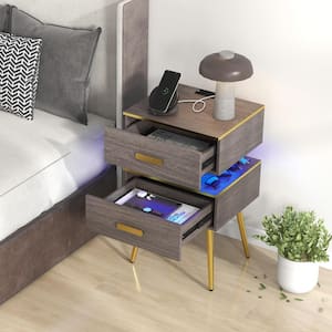 Gray 2-Drawers 17.5 in. Nightstand Sofa Side Tables with Charging Station and and LED lights