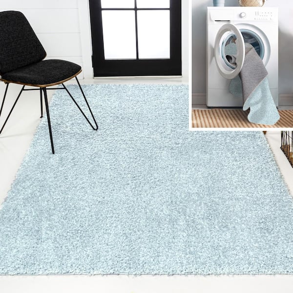 JONATHAN Y Clayton Coastal Light Blue 4 ft. x 6 ft. Solid Glam Shag Machine-Washable Area Rug