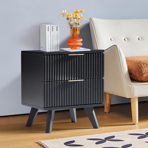 ATHMILE Black Wooden 2-Drawer Waveform Nightstand /Bedside Table
