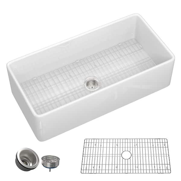 Zeafive Dior 36 in. Farmhouse Apron Front Single Bowl Fireclay Farm Kitchen Sink with Bottom Grid and Strainer in Glossy White