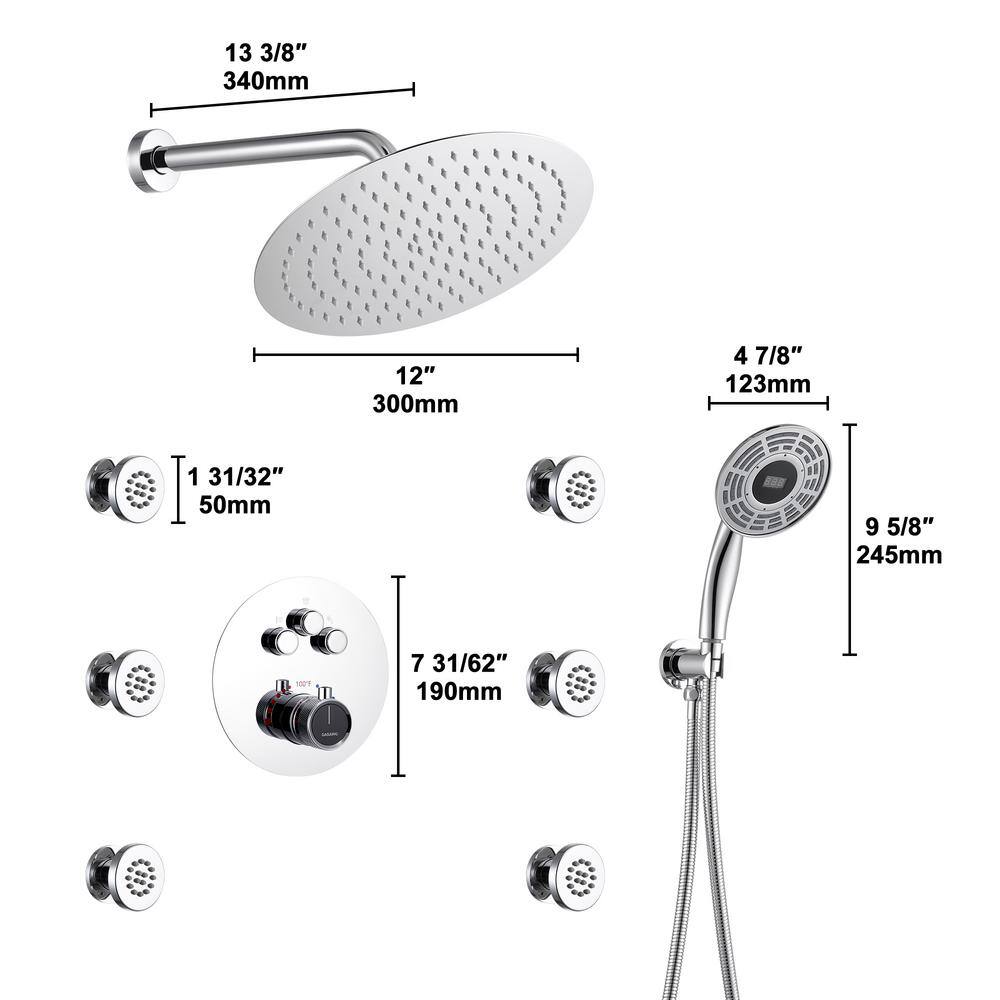Chrome Thermostatic Rainfall Shower System with Digital Display and Jets
