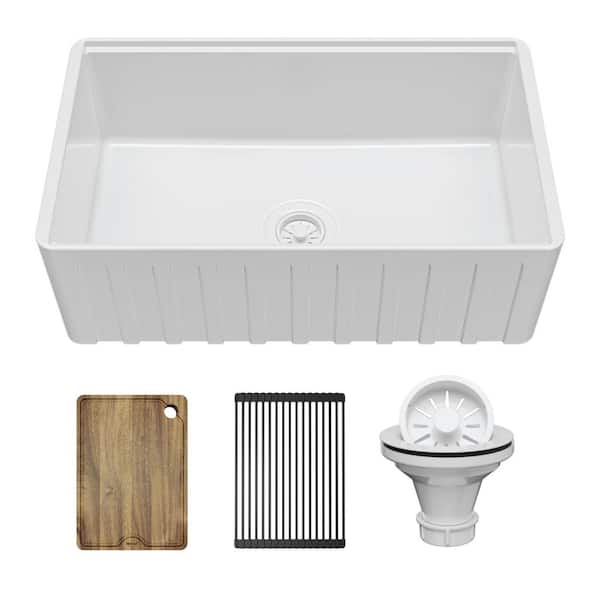 Fireclay 30 in. Farmhouse/Apron-Front Single Bowl White Gloss Fireclay Workstation Kitchen Sink with Reversible Front