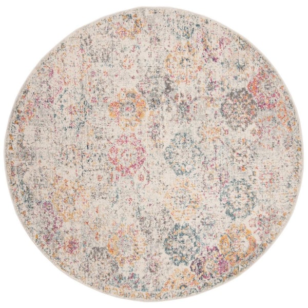 SAFAVIEH Madison Grey/Gold 12 ft. x 12 ft. Border Floral Medallion Geometric Round Area Rug