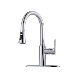 Single Handle Pull Down Sprayer Kitchen Faucet with Deck Plate Double Spout Stainless Steel in Polished Chrome