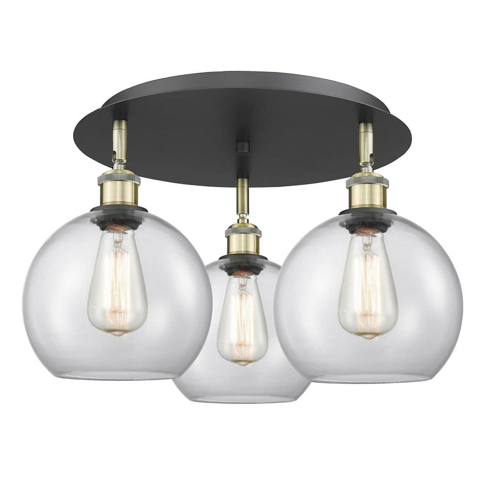 Athens 19.75 in. 3-Light Black Antique Brass Industrial Flush Mount with Clear Glass Shade price history on PriceWatchPro