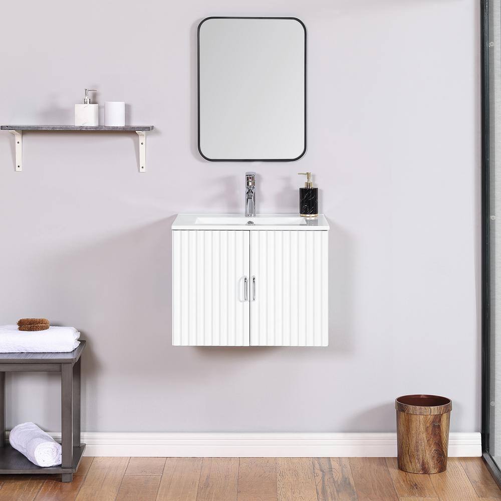 24" White Floating Bathroom Vanity with Ceramic Sink and Soft-Close Doors