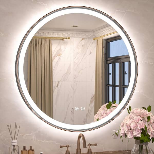 KeonJinn 30 in. W x 30 in. H Round Aluminum Framed LED Light with 3-Color Wall Mount Bathroom Vanity Mirror in Oil Rubbed Bronze