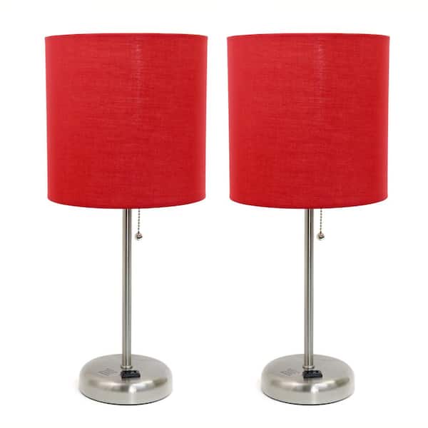 Creekwood home 19.5 in. Contemporary Bedside Duo, Brushed Steel Table Lamp 2-Pack Set with Power Outlet, Red Shades
