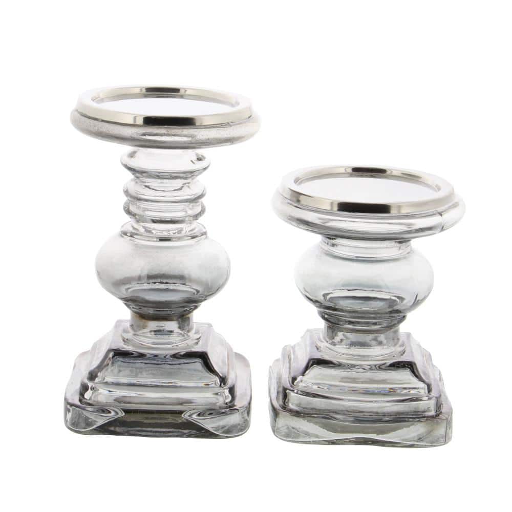 Translucent Silver Glass Pillar Candle Holder Set with Pedestal Base