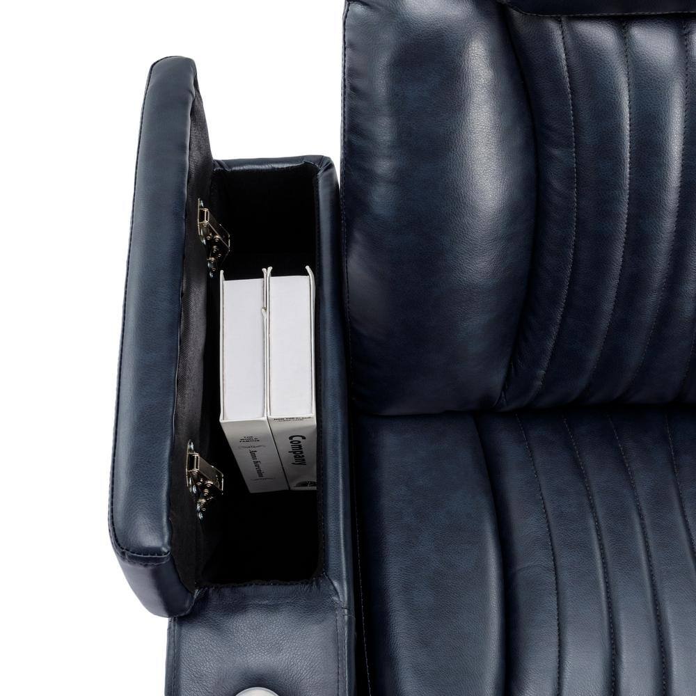 Close-up of the hidden storage compartment in the recliner arm.