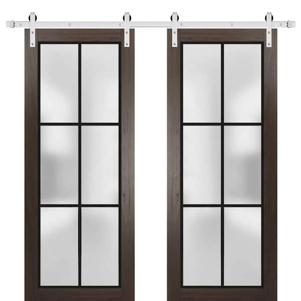 Sartodoors 30 in. x 80 in. 2 Panel Frosted Glass Chocolate Ash Solid Wood Sliding Barn Door with Hardware Kit