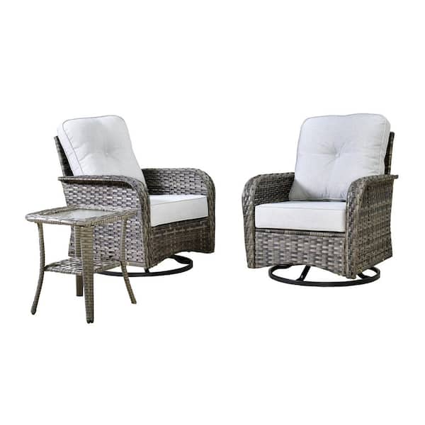 Galene Gray 3-Piece Wicker Outdoor Patio Conversation Swivel Rocking Chair Seating Set with Light Gray Cushions