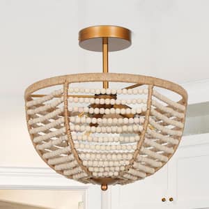 Boho Ceiling Light 3-Light Brushed Gold Semi-Flush Mount Light with Weathered White Wood Beads and Twined Hemp Rope
