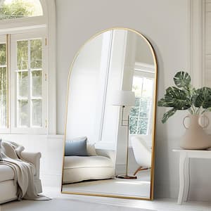 39 in. W. x 71 in. H Full Length Arched Free Standing Body Mirror, Metal Framed Wall Mirror, Large Floor Mirror in Gold