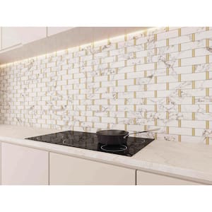 White Marble and Gold Steel Trim Subway Mosaic Tile 11"x 11.75" (4.8 sq. ft.)