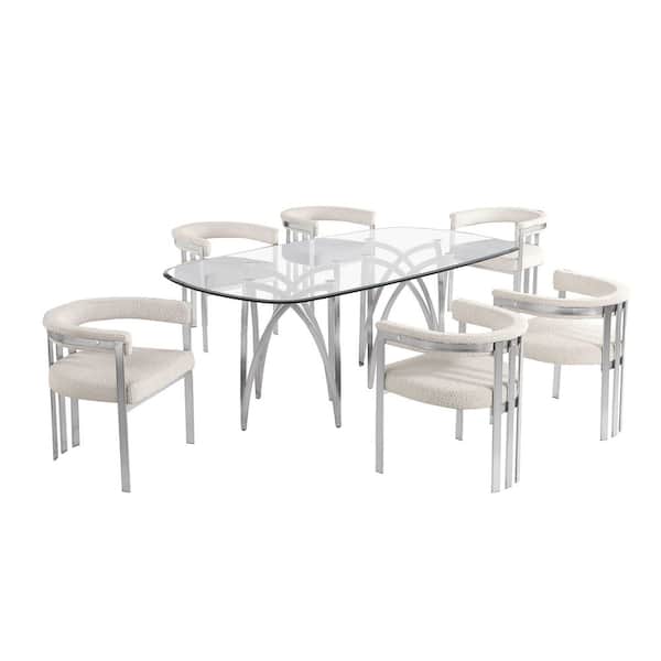Best Quality Furniture Amelia 7-Piece Clear Tempered Glass Top Chrome Plated Base Dining Set with 6-Cream Boucle Fabric Chairs