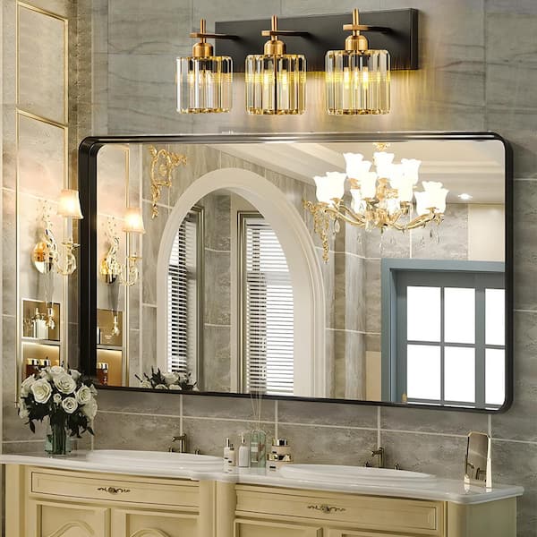 Orillia 20.5 in. 3-Light Black and Gold Bathroom Vanity Light with Crystal Shade Wall Sconce Over Mirror