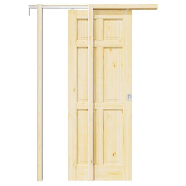 ARK DESIGN 30 in. x 80 in. Paneled 6-Lite Unfinished Pine Wood Sliding Pocket Door with Hardware (Soft Close and Silver Lock Incl)