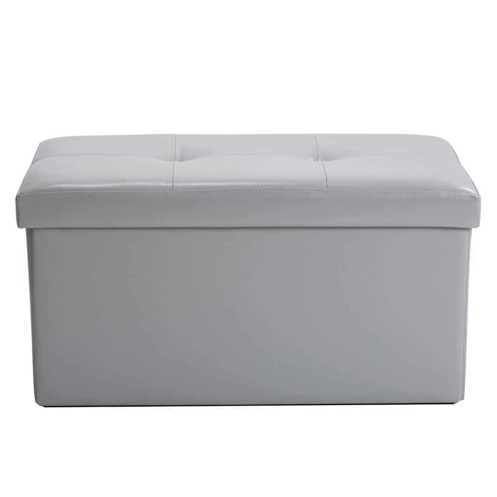 Classic Gray Faux Leather Folding Storage Ottoman Bench
