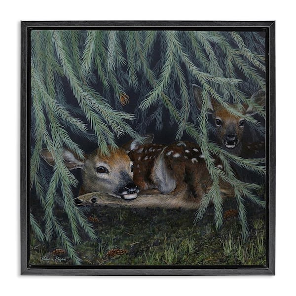 Deer Under Forest Tree by Valerie Rogers Black Floater Frame Animal Graphic Art Print 18 in. x 18 in.