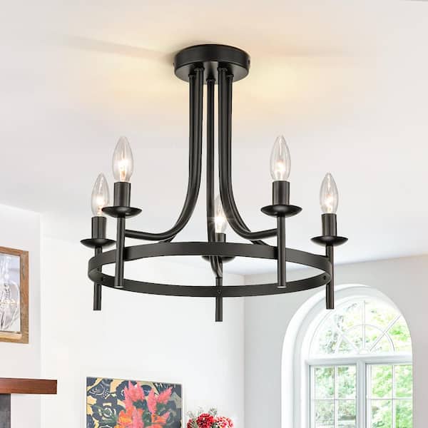 EDISLIVE Avery Farmhouse 18 in. 5-Light Black Candlestick Semi-Flush Mount Ceiling Light Fixture