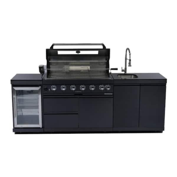 43 In. Black 6-Burner Propane Gas Grill Island Outdoor Kitchen with Rotisserie kit Refrigerator Sink in Stainless Steel