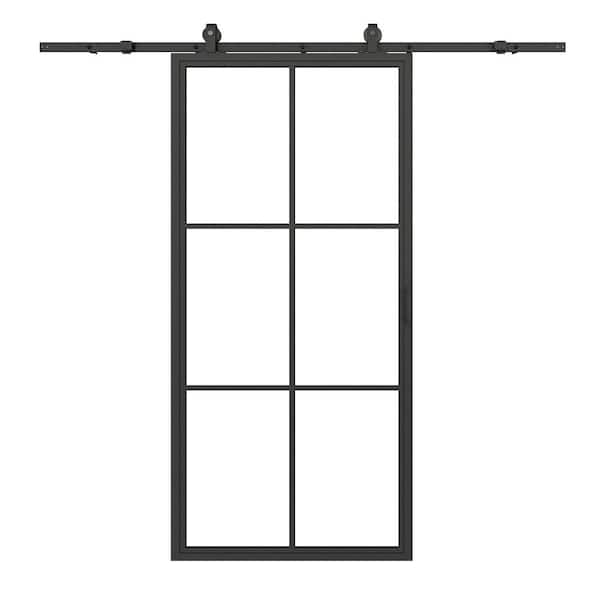 CALHOME 37 in. x 84 in. Full Lite Clear Glass Black Steel Frame Interior Sliding Barn Door with Hardware Kit and Door Handle