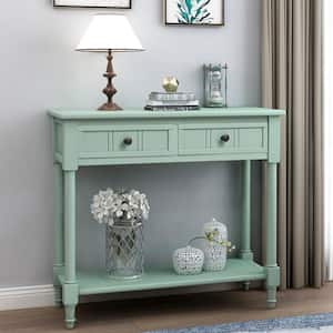35 in. Retro Blue Rectangle Wood Console Table with Two Drawers and Bottom Shelf, Sofa Table for Entryway, Living Room