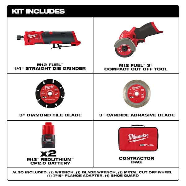 M12 FUEL 12V Lithium-Ion Brushless Cordless 1/4 in. Straight Die Grinder Kit with Cut Off Saw, (2) 2.0 Ah Batteries