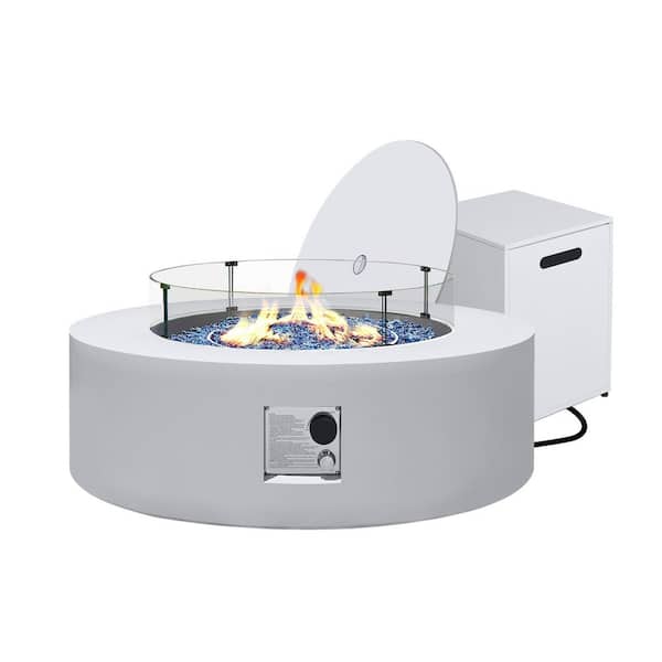 42-Inch Round Iron Propane Fire Pit Table with Tank Cover and Wind Guard, White
