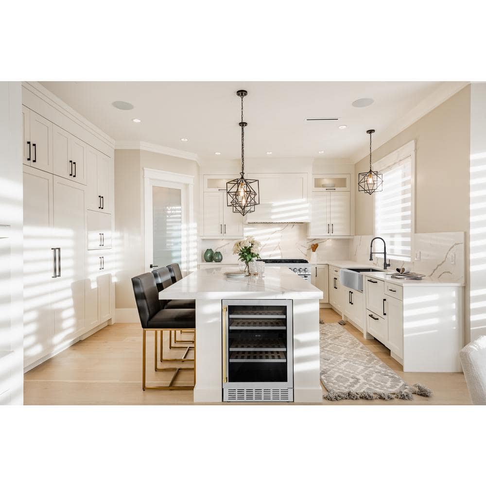 Stainless Steel Dual Zone Wine Cooler with Gold Handle and Interior Lighting