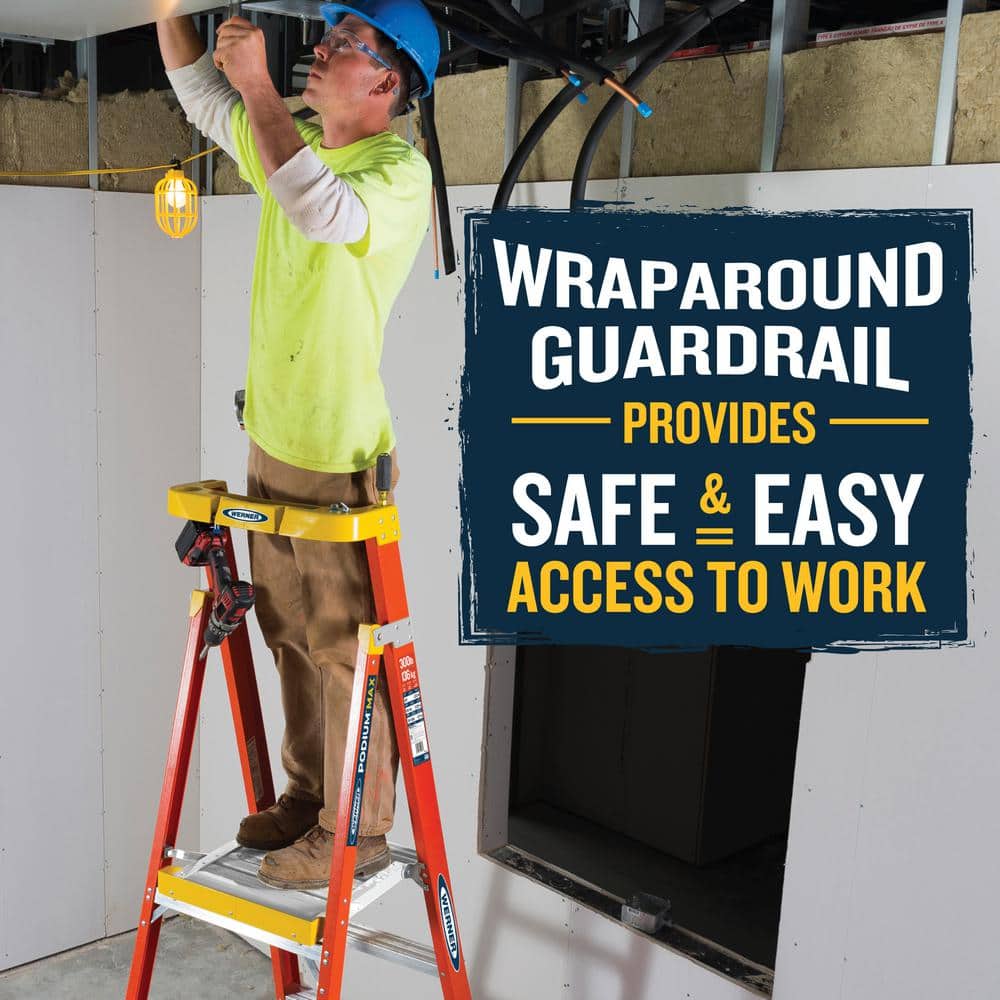 10ft Orange Fiberglass Podium Ladder with Guardrail