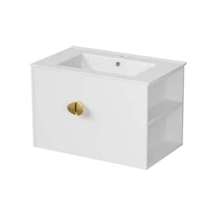 30 in. W Single Sink Floating Bath Vanity in White with Ceramic Top Unassembled, 2-Doors and Right Open Shelves