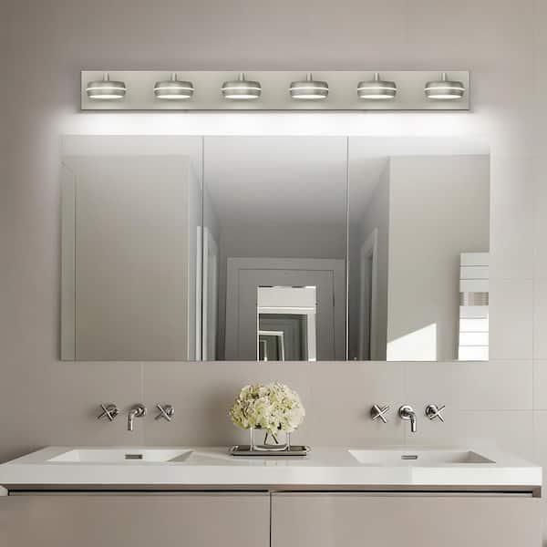 43 in. 6-Light Nickel LED Bathroom Vanity Light with Dimmable 5500K Light