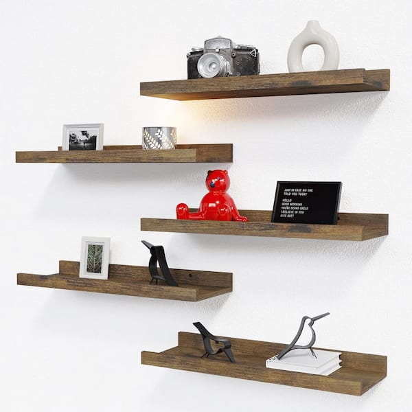 Cubilan 15.6 in. W x 5.1 in. D Brown Wood Decorative Wall Shelf Floating Wall Mounted Shelves, Set of 5