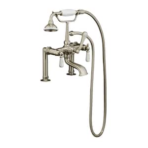 3-Handle Rim-Mounted Claw Foot Tub Faucet with Elephant Spout and Hand Shower in Brushed Nickel