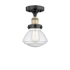 Olean 6.5 in. 1-Light Black Antique Brass Art Nouveau Semi-Flush Mount with Seeded Glass Shade