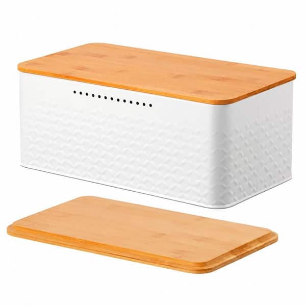1 Piece White Stainless Steel Bread Box with Bamboo Lid Cutting Board and Ventilated Kitchen Countertop Storage