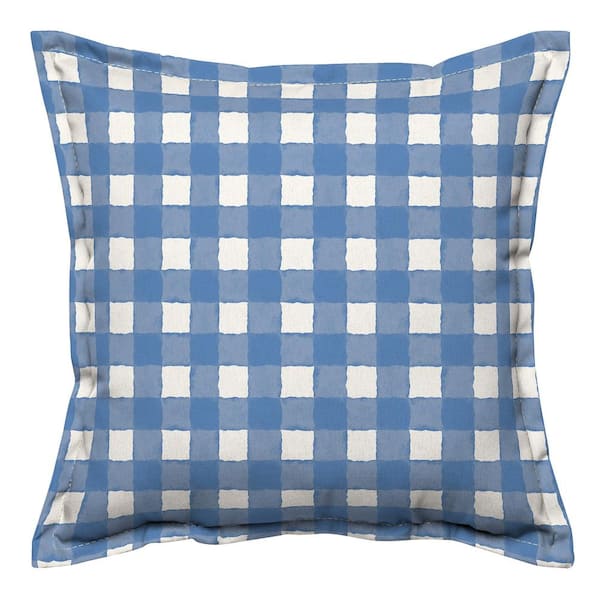 Hampton Bay 18 x 18 Watercolor Gingham Lake Outdoor Square Throw Pillow with Flange