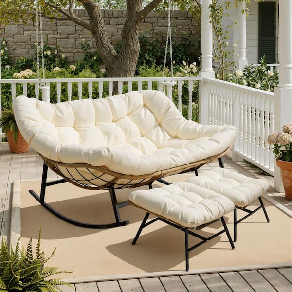 Unbranded Double Wicker Outdoor Rocking Chair Loveseat Oversized 2-Person Patio Seat with Ottoman Beige Cushion, 700 lbs. Capacity