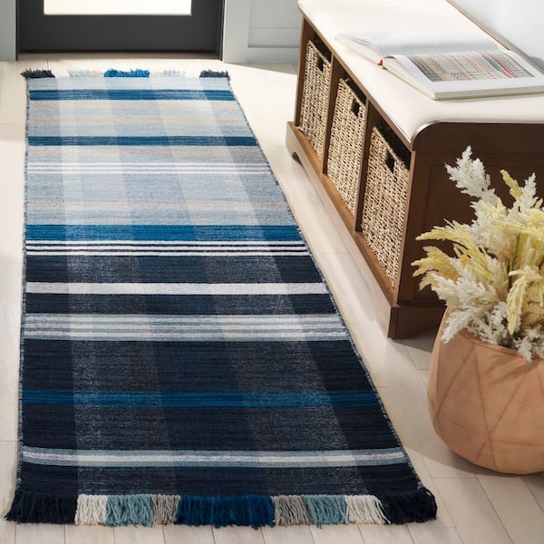 Striped Kilim 2 ft. x 8 ft. Navy/Charcoal Coastal Casual Plaid Runner Rug