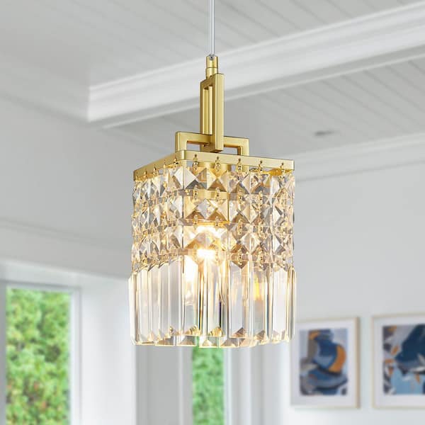 Home Lighting 40W 1-Light Modern Square Gold Crystal Pendant Light for Kitchen Island/Dining/Bedroom, 1Pack