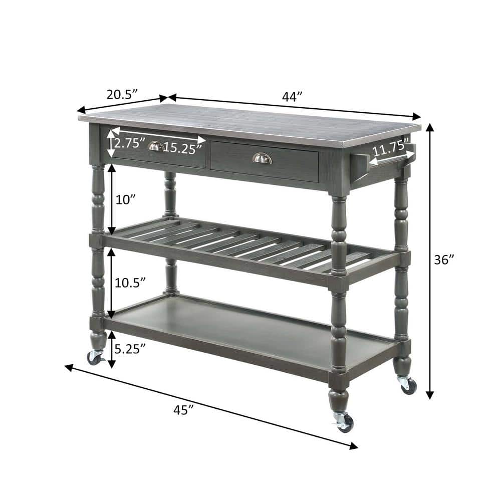 Elegant Stainless Steel and Wirebrush Dark Butcher Block Kitchen Cart with Wine Rack