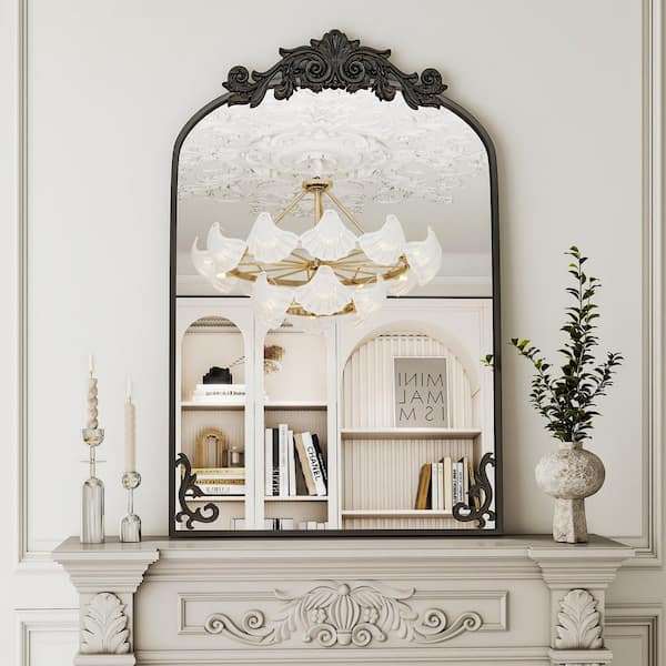 XRAMFY Black 24 in. W x 36 in. H Arched Mirror Bottom Art Carved, for Home Decor Wall Carved Metal Framed Mirror