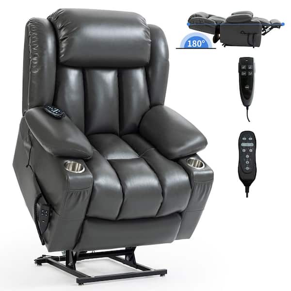 Boyel Living Grey Faux Leather Power Lift Recliner Chair with 8-Point Vibration Massage, Stainless Steel Cup Holders and Storage
