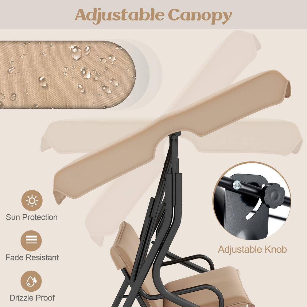Beige Metal Frame Outdoor Patio Swing with Adjustable Canopy